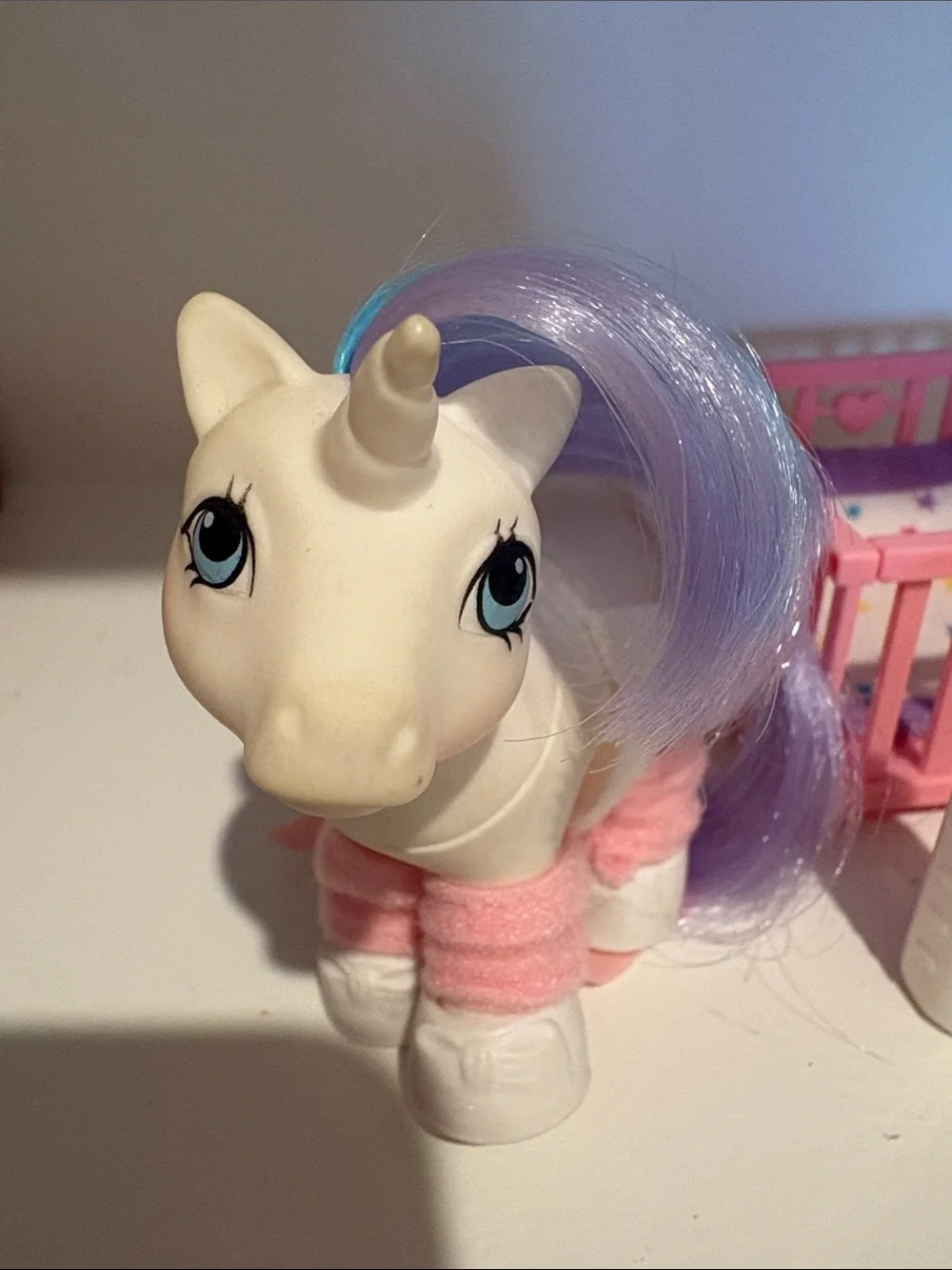 My Little Pony White Unicorn with Purple Mane and Pink Accessories. Baby. Crib.
